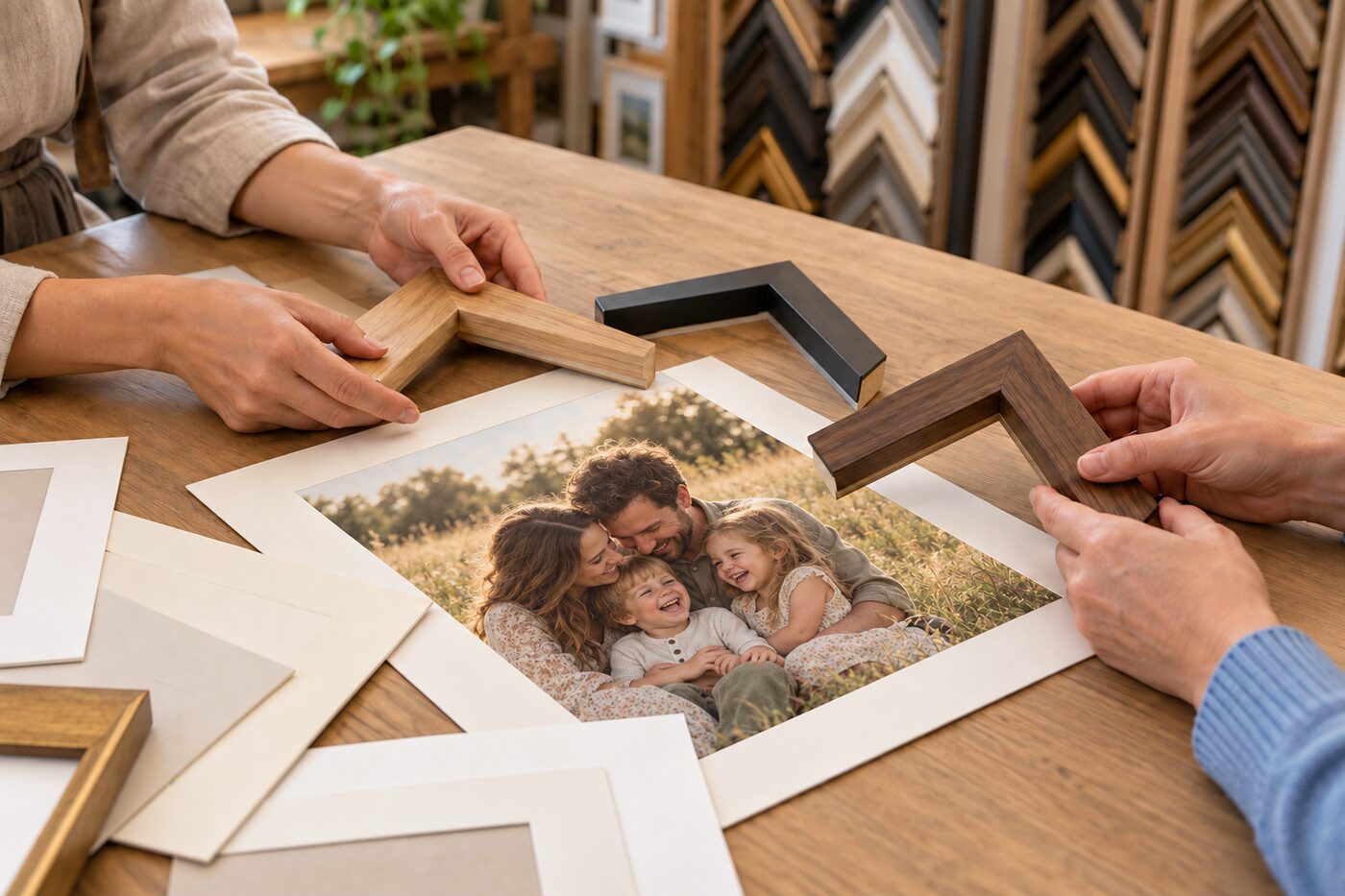 Illustration: Beratung am Tisch – zwei Hände halten verschiedene Rahmenmuster neben einem gerahmten Familienfoto